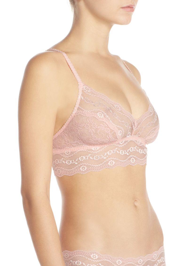 This sheer bralette looks cute (while being incredibly comfy) in slightly stretchy lace with a wide elastic band. 89% nylon, 11% spandex Hand wash, line dry Imported Lingerie Pink Feminine Bra With Delicate Lace, Feminine Pink Bra With Delicate Lace, Feminine Low-cut Bra With Delicate Straps, Delicate Fitted Bra With Delicate Straps, Feminine Camisole Bra With Delicate Straps, Feminine Camisole Style Bra With Delicate Straps, Lace Stretch Bra, Feminine Delicate Lace Low-cut Bra, Delicate Lace Low-cut Feminine Bra