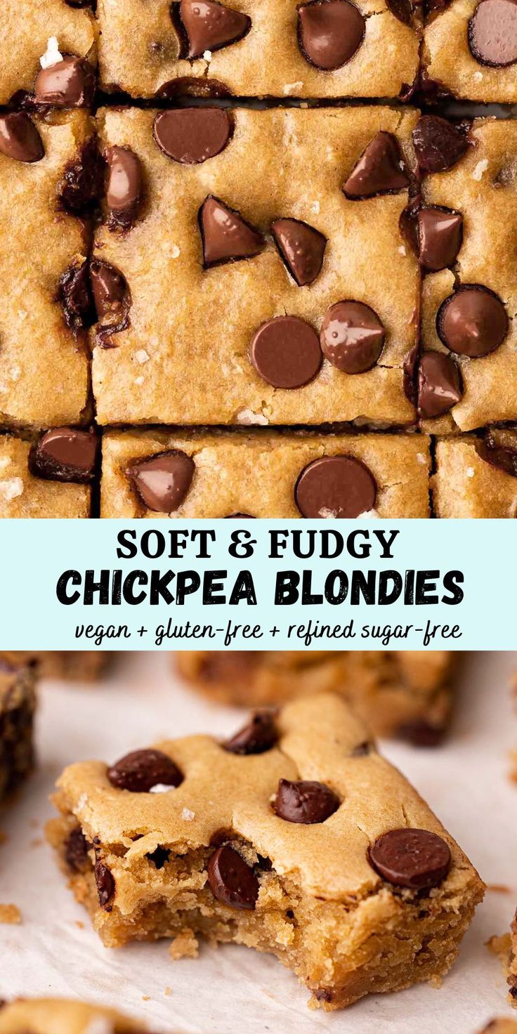 soft and fudgey chickpea blondies with chocolate chips in the middle