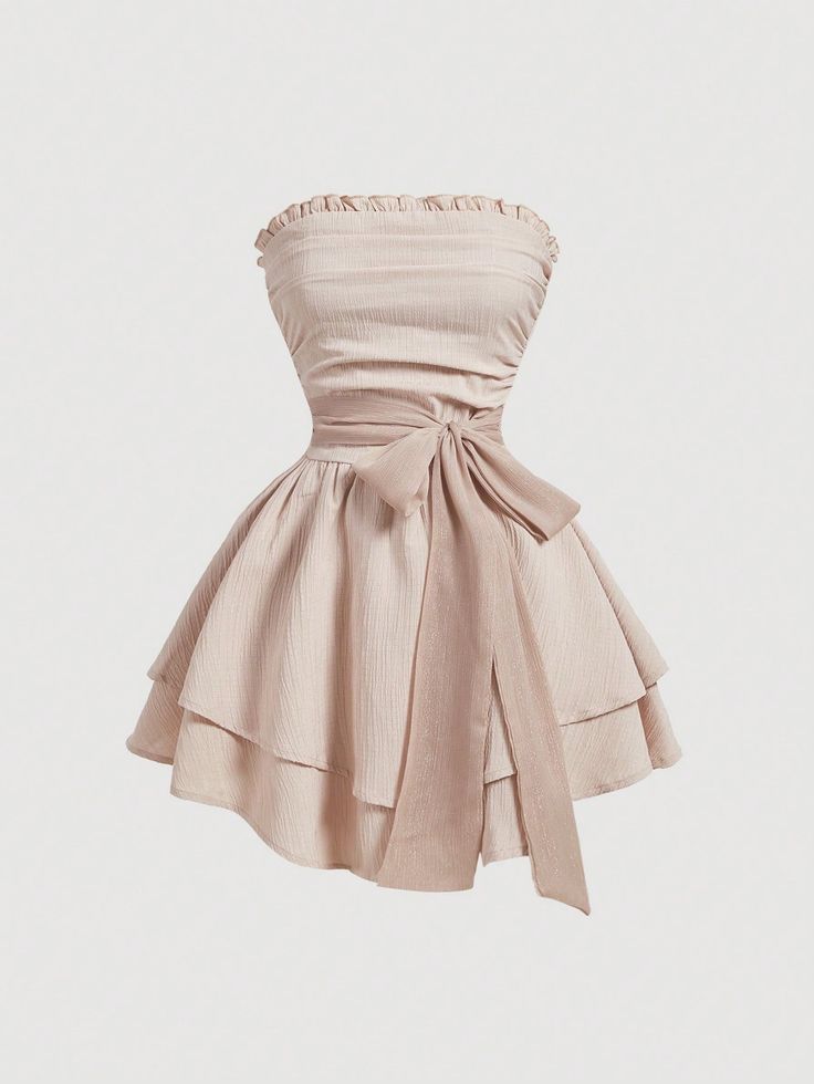 Women Strapless Backless Ruched Waist Tie Layered Fashion Dress Khaki Boho  Sleeveless Woven Fabric Plain A Line,Cami Non-Stretch  Women Clothing, size features are:Bust: ,Length: ,Sleeve Length: Dress With Bow Belt, Shein Cami Dress, Shein Satin Dress, Quinceanera Guest Outfit, Fancy Mini Dresses, Beige Dress Formal, Mod Women, Cute Dresses Casual, Cute Strapless Dresses