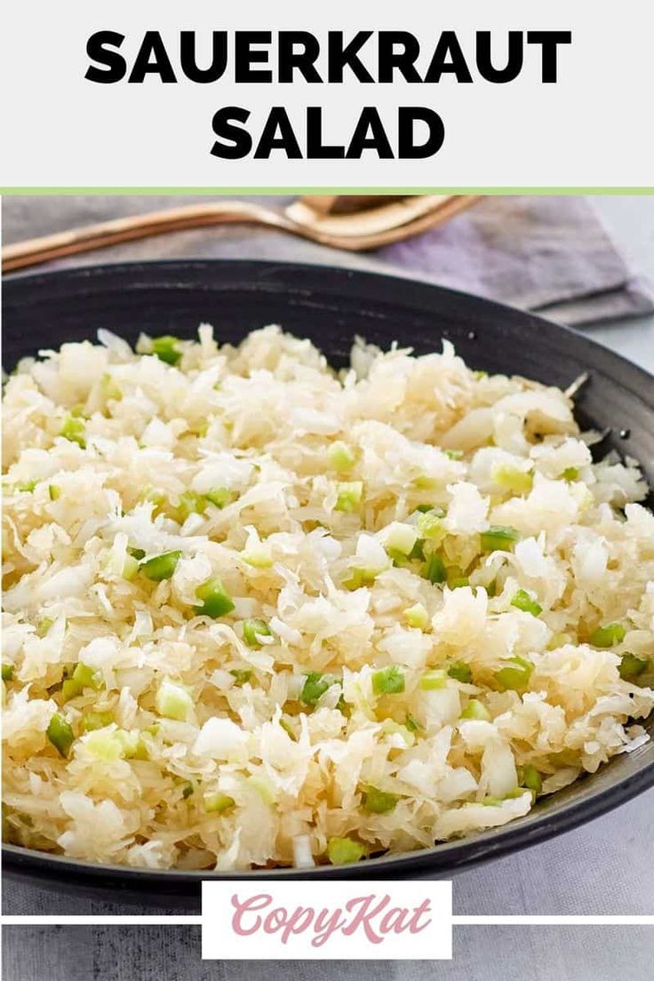 sauerkraut salad in a skillet with text overlay