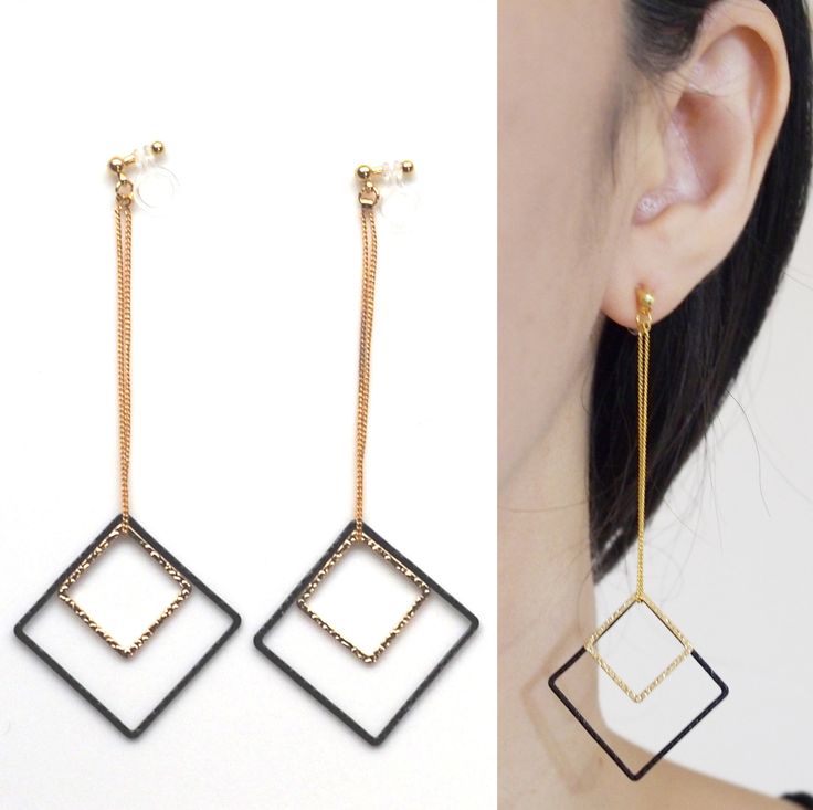 Gold hoops clip on earrings - black square invisible clip on earrings - non pierced earrings - dangle long geometric clip on earrings 🌟MiyabiGrace shop home. More invisible clip on earrings: click here https://www.etsy.com/shop/MiyabiGrace Details ◆Length : 3 1/2 ( 9 cm ) ◆Weight: 3 g ( 0.1 oz ) super lightweight! You don't feel any weight! ★Payment: PayPal You can checkout without PayPal account. You can use your credit card though PayPal for payment. More details: https://www.etsy.com/listing Clip On Hoop Earrings, Non Pierced Earrings, Earrings Hoops, Gold Clips, Loop Earrings, Earrings Black, Earrings Long, Modern Earrings, Black Square