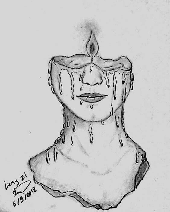 a drawing of a woman's face with water dripping from the top and bottom