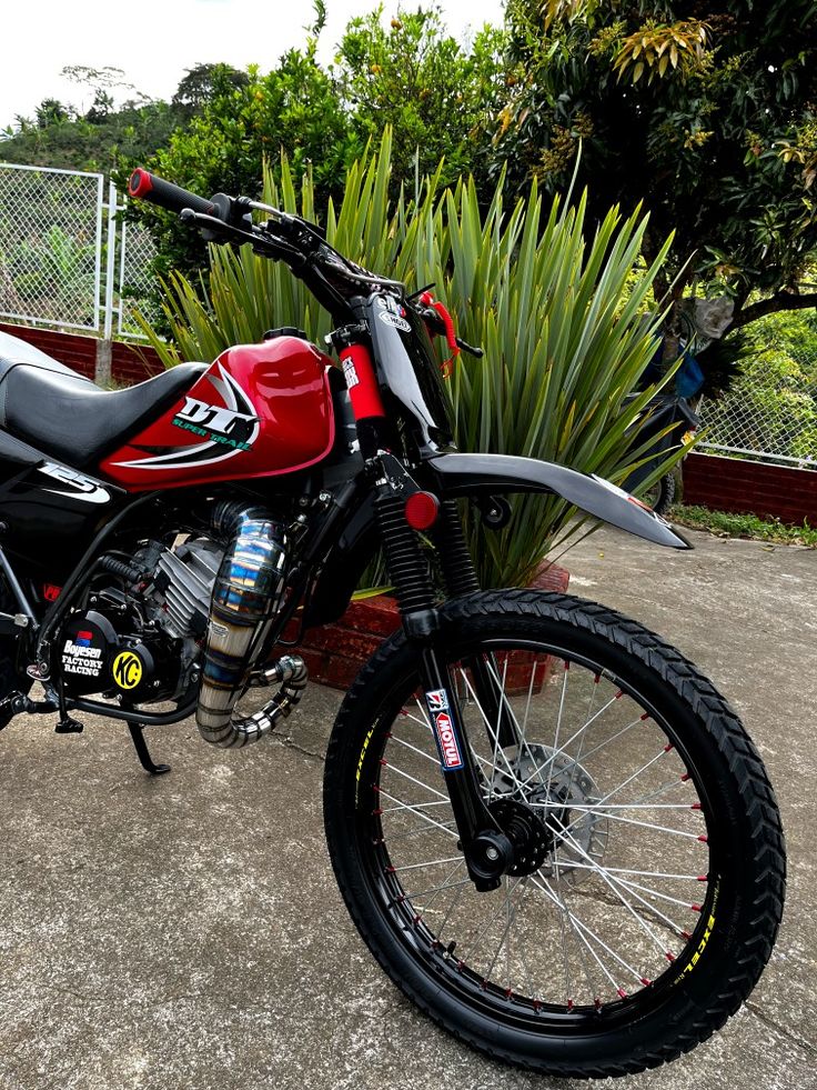 a red and black motorcycle parked next to a bush