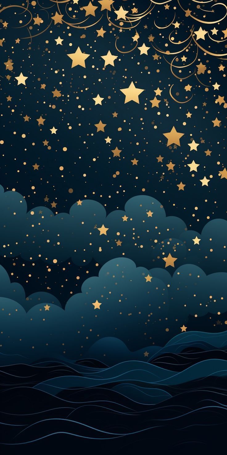 the night sky with gold stars and clouds on dark blue water background, paper cut style