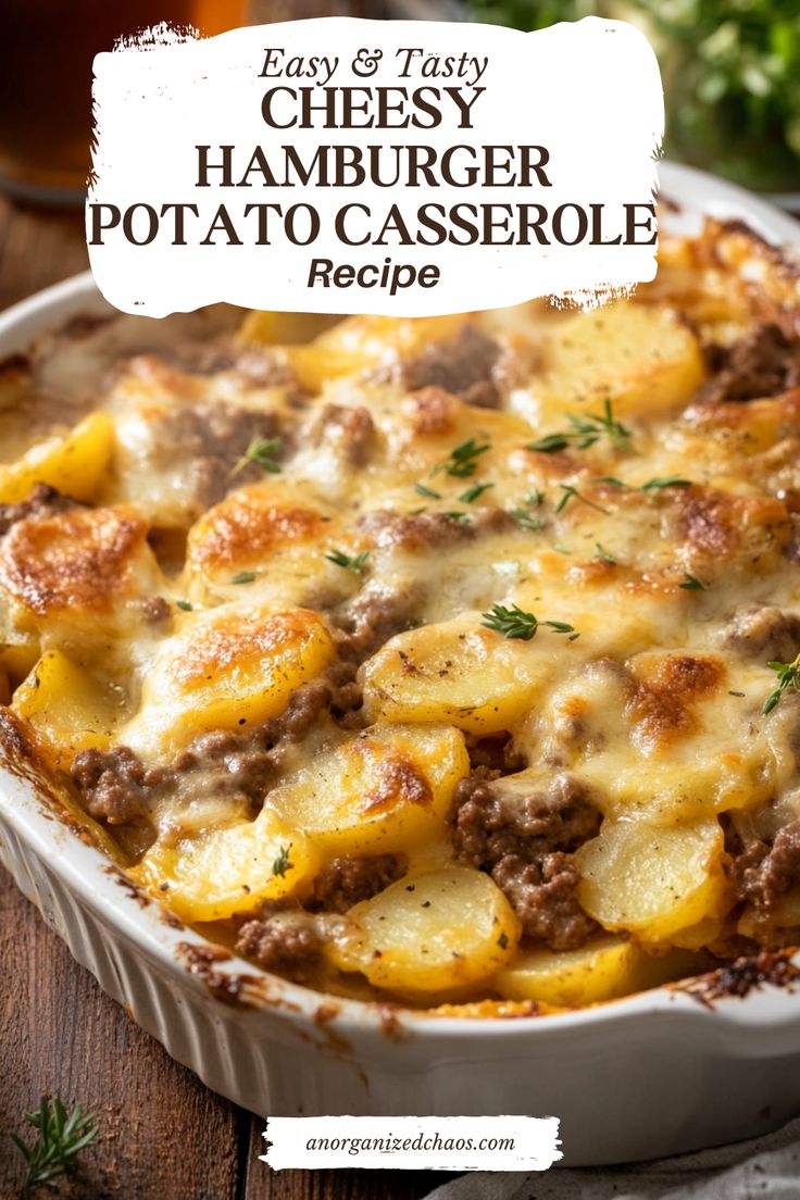 cheesy hamburger potato casserole recipe in a white dish