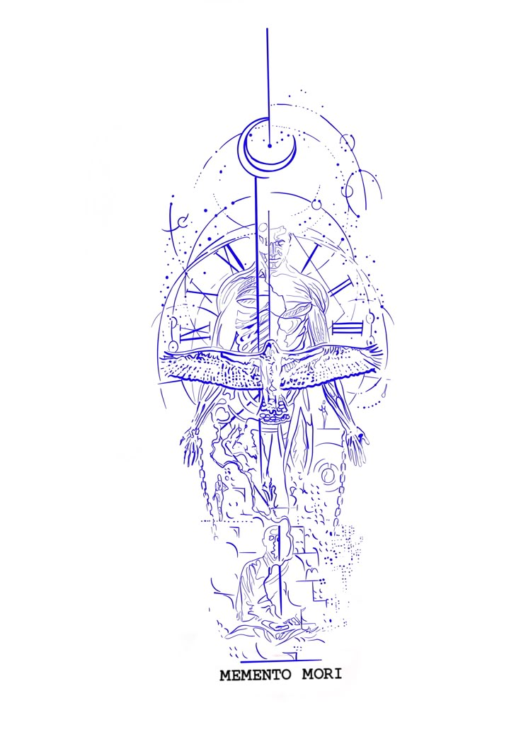 a blue ink drawing of a person holding a clock and the words mermeto mort on it