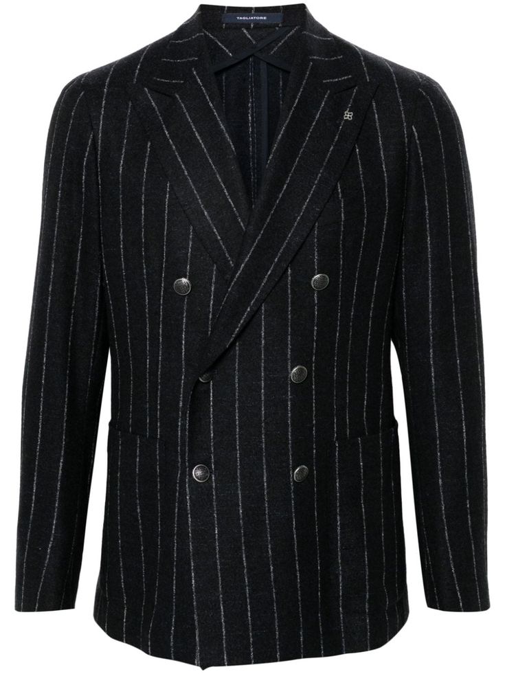 navy blue alpaca wool-blend pinstripe pattern peak lapels brooch detail long sleeves buttoned-cuff sleeves chest welt pocket two side patch pockets English rear vents multiple internal slip pockets double-breasted button fastening Versace Designer, Pinstripe Pattern, Balenciaga Triple S, Jacket For Men, Velvet Jacket, Mens Outerwear, Shirt Skirt, Light Jacket, Shirt Accessories