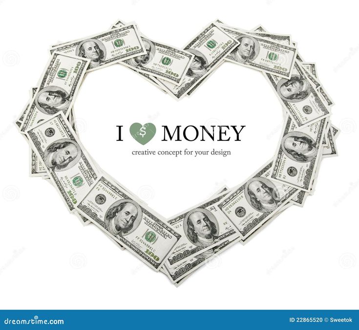 money in the shape of a heart with i love money written on it