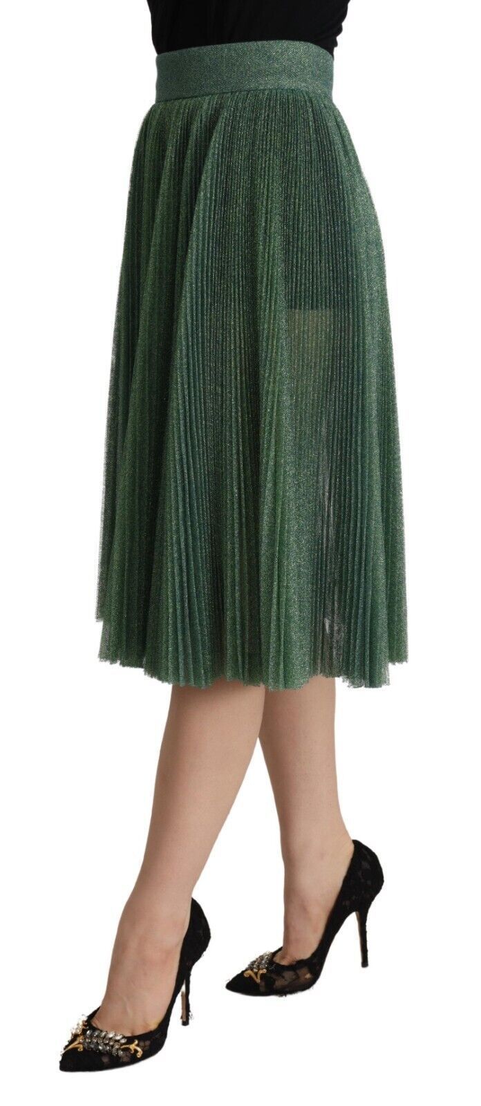 Step into the spotlight with this stunning Metallic Green Pleated A-Line Midi Skirt from Dolce & Gabbana. Fresh off the runway, this skirt beautifully combines a classic silhouette with a modern metallic finish, ensuring you’ll shimmer with every step. Perfect for high-profile events or when you simply want to make an ordinary day feel extraordinary. Color: Green Material: 64% Metallic Polyester 36% Cotton Lining: Silk Blend High waist design with zipper and button closure Luxurious silk stretch Green Pleated Skirt, Dolce E Gabbana, Green Skirt, Dolce & Gabbana, Green Fashion, Overall Shorts, A Line Skirts, Pleated Skirt, Desi