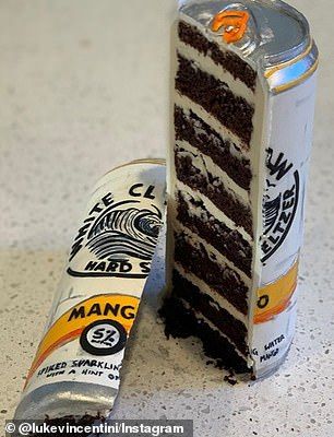 a piece of cake sitting on top of a can