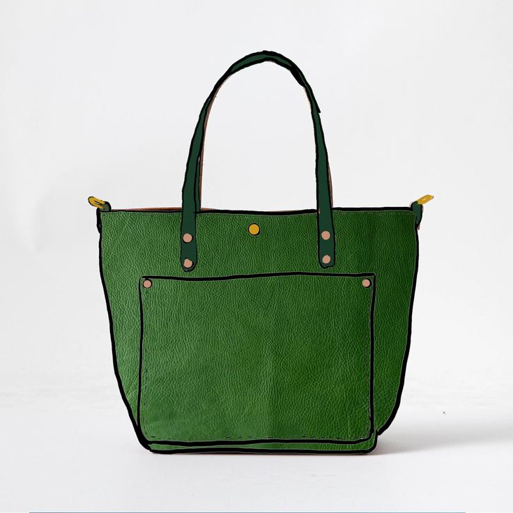 The Leaf Cypress Travel Tote is a handmade, full-grain leather tote bag. Leaf Cypress is a thick and soft leather, with a pillowy texture, even color with little to no pull-up, pebbled grain, and a vibrant green color. The Leaf Cypress Travel Tote comes standard with Green handles. Green Satchel With Leather Handles For On-the-go, Green Leather-lined Tote Shoulder Bag, Green Rectangular Shoulder Bag With Leather Handles, Green Rectangular Bag With Smooth Grain, Green Tote Satchel With Leather Lining, Green Tote Shoulder Bag With Leather Lining, Green Tote Satchel For Daily Use, Green Rectangular Satchel With Leather Handles, Green Satchel Tote With Leather Lining