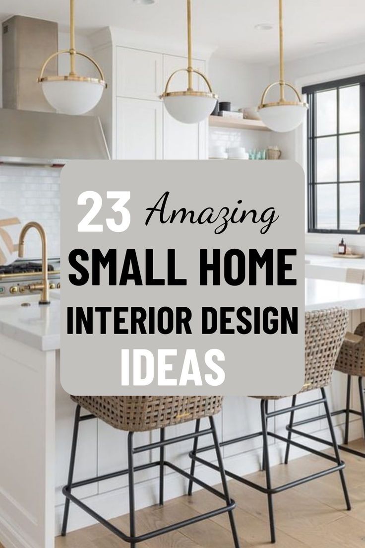 an open kitchen and dining area with white walls, wooden flooring and gold pendant lights