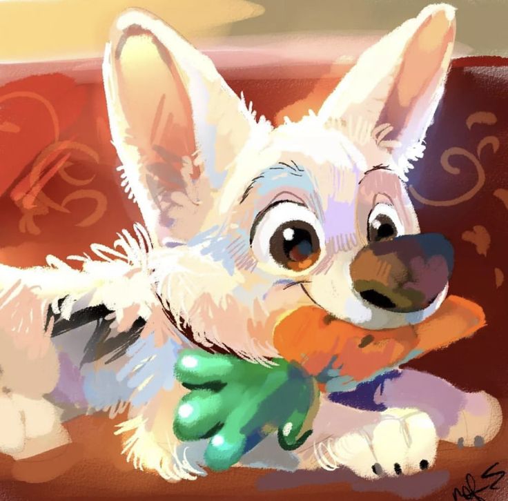 a painting of a white dog with a carrot in its mouth sitting on a couch