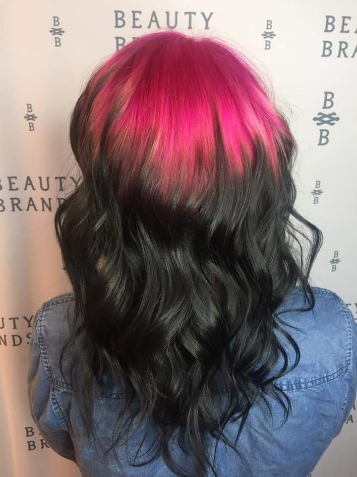 My friend is a cosmetologist and wanted to experiment with colored roots leading to a normal hair color and so I had to volunteer Colored Roots Dark Hair, Pink On Top Black On Bottom Hair, Rainbow Roots Black Hair, Hot Pink Roots With Black Hair, Coloured Roots On Black Hair, Dyed Roots Curly Hair, Pink Roots Hair, Color Roots Black Hair, Hot Roots Hair