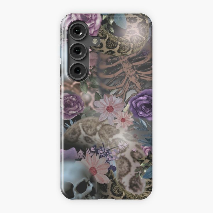 a phone case with an image of a skeleton and flowers on the front, in pastel colors