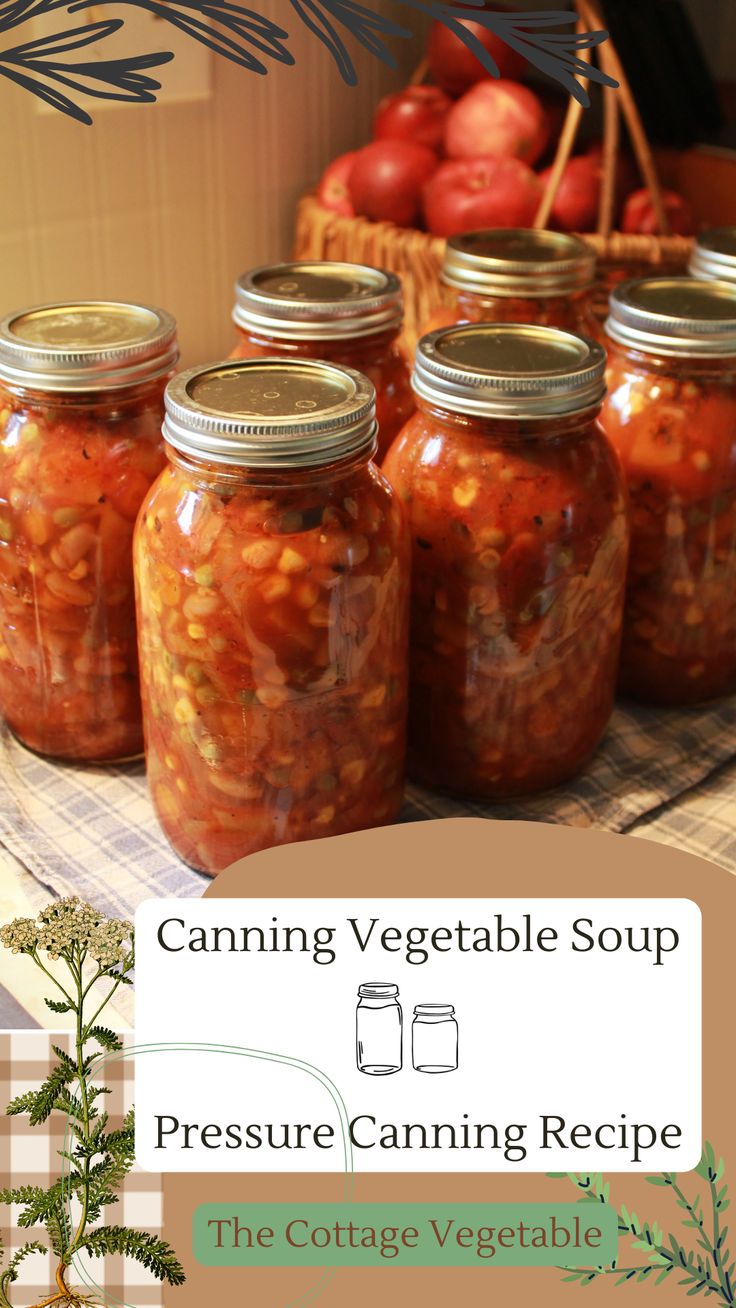 canning vegetables in jars on a table with text overlay reading canning vegetable soup pressure canning recipe