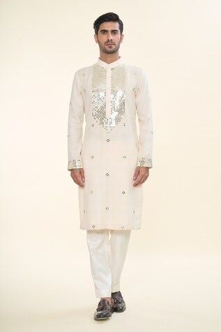 Ivory textured kurta with mirror embroidery. - Aza Fashions Embroidery Mirror, Mithila Palkar, Kurta For Men, Jayanti Reddy, Kurta Patterns, Mirror Embroidery, Kurta Men, Anushree Reddy, Diana Penty