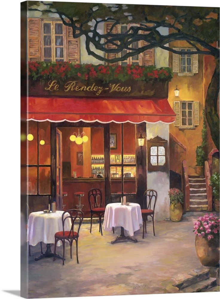 a painting of a restaurant with tables and chairs