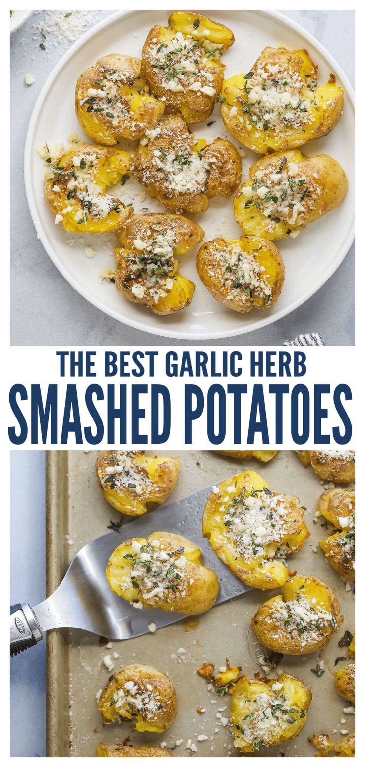 the best garlic herb smashed potatoes on a baking sheet, and then topped with parmesan cheese