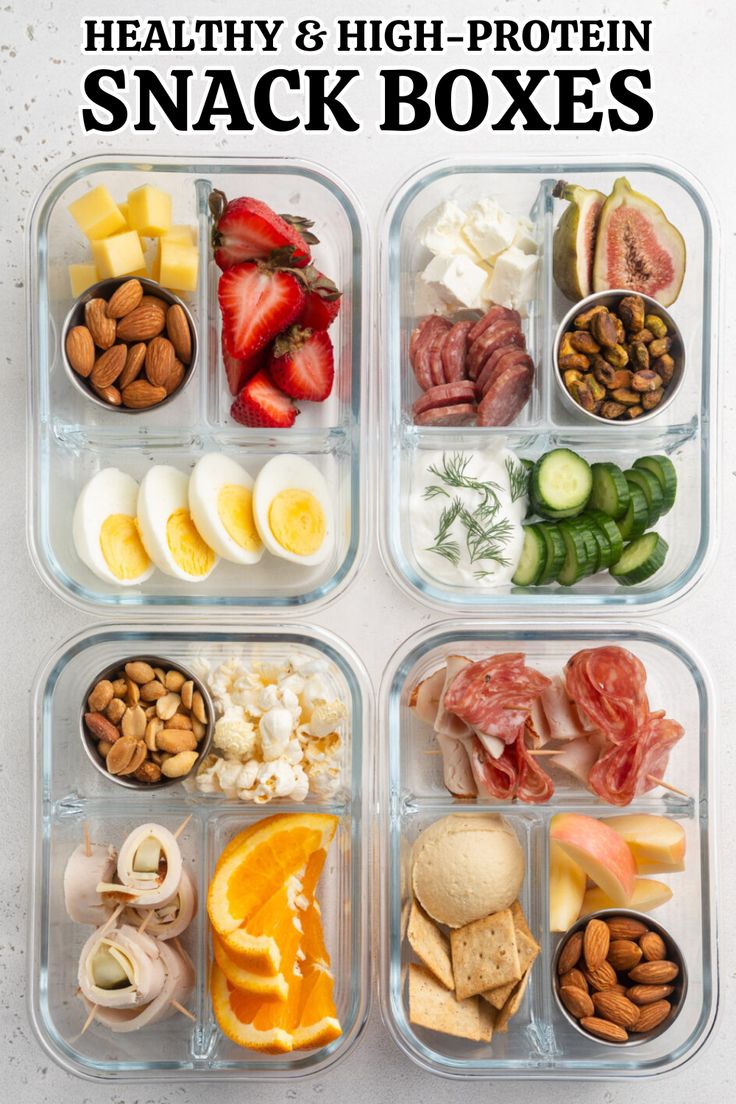 healthy and high - protein snack boxes are packed with fruits, vegetables, nuts, and meats