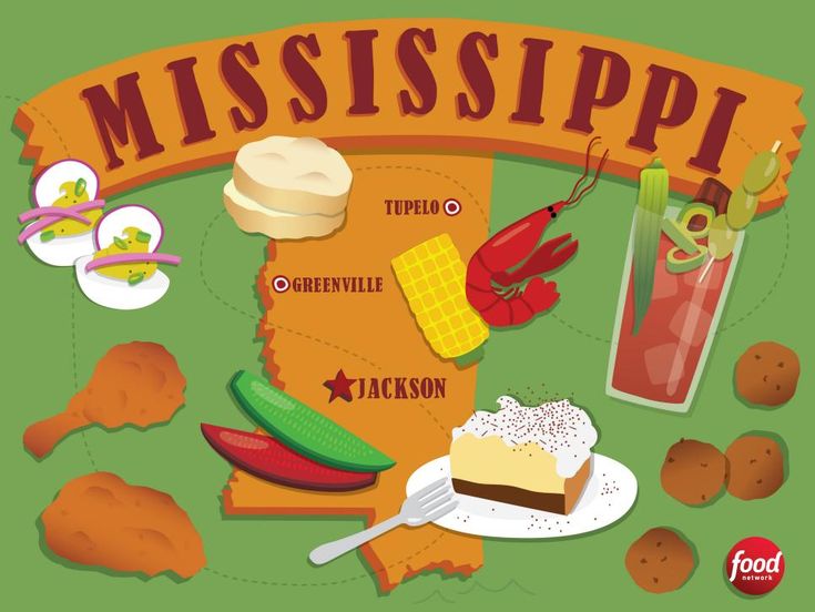 a map of mississippi with all the things to eat and drink on it's side