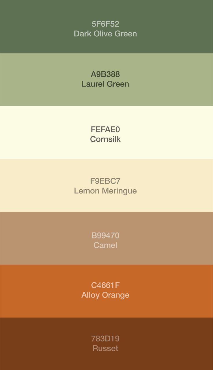 Color Pallet of: Dark Olive Green, Laurel Green, Cornsilk, Lemon Meringue, Camel, Alloy Orange and Russet Color Pallet Earth Tones, Colour Pallets For Living Room, Color Pallets Bedroom, Earth Tones Color Scheme, Earth Colours Palette, Earth Tones Design, Earthly Tones Palette, Color Pallets Earth Tones, Earth Tone Apartment Aesthetic