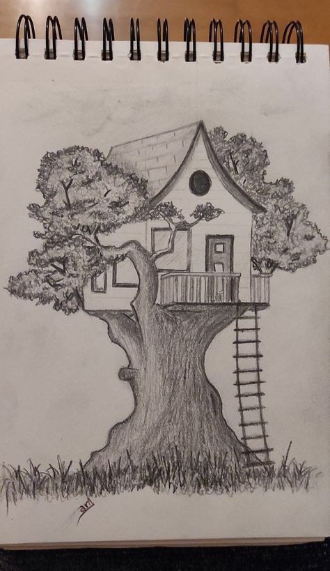 a drawing of a tree house with a ladder to the roof