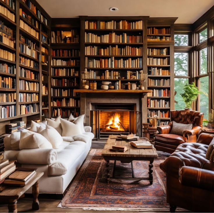 a living room filled with furniture and a fire place in the middle of a library