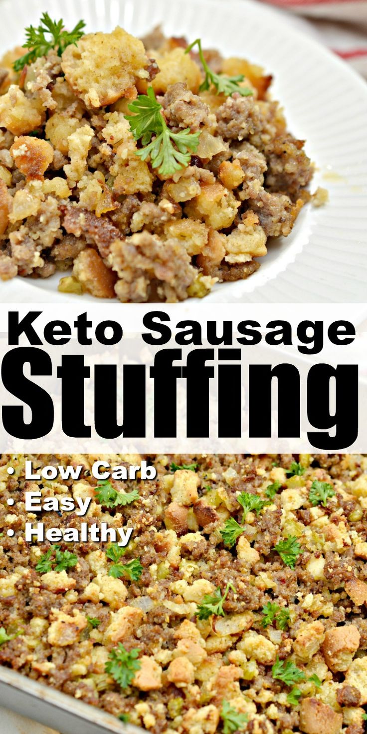 keto sausage stuffing in a casserole dish on a white plate with text overlay