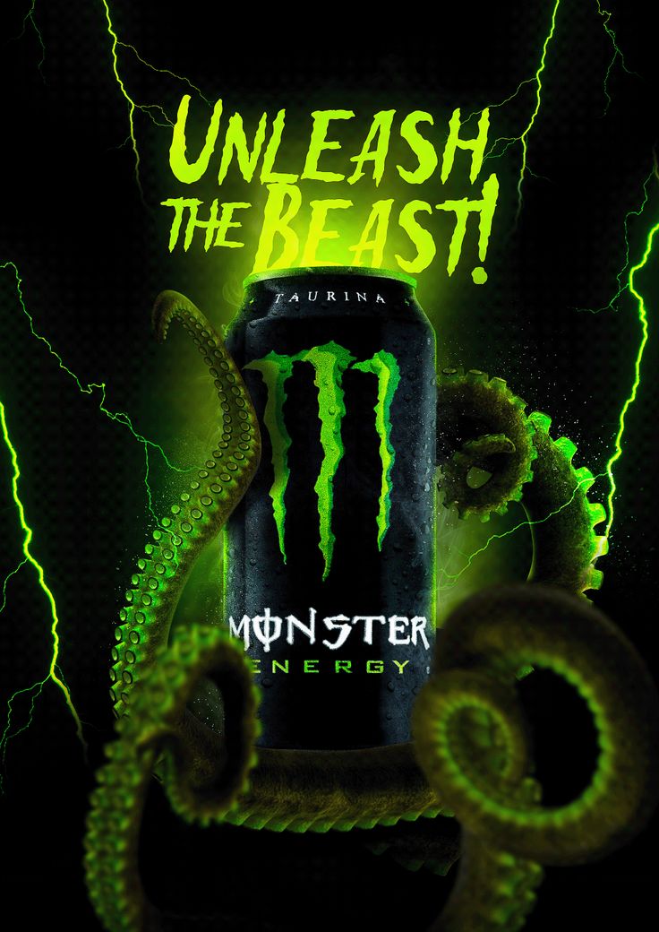 a monster energy drink with the words unleash the beast on it's side