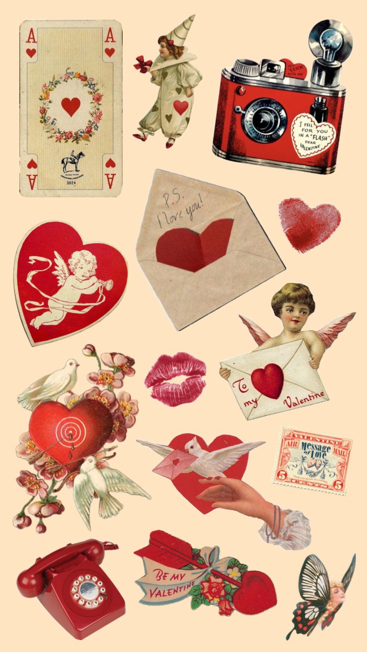 an assortment of valentine's day items are arranged in the shape of heart shapes