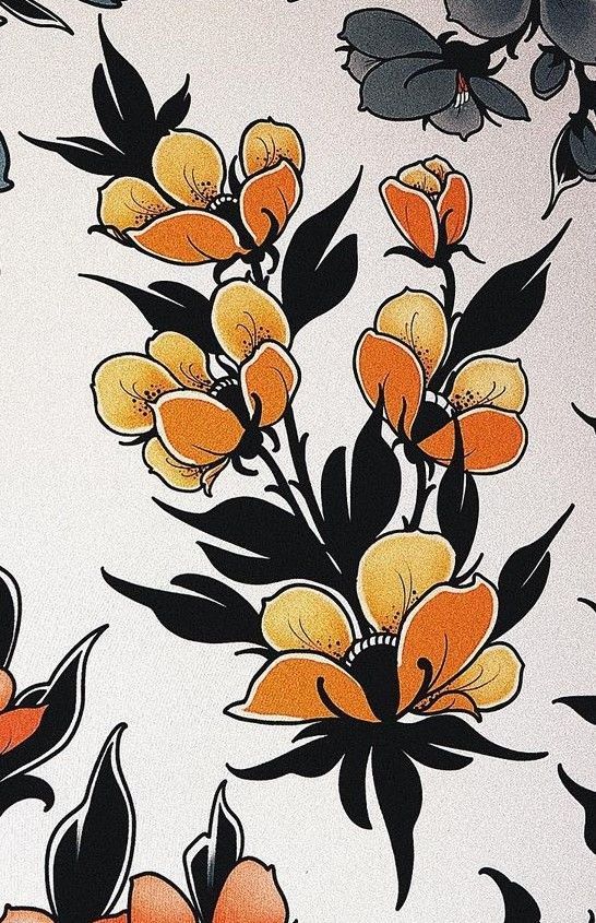 an orange and black flower pattern on a white wallpaper with flowers in the background