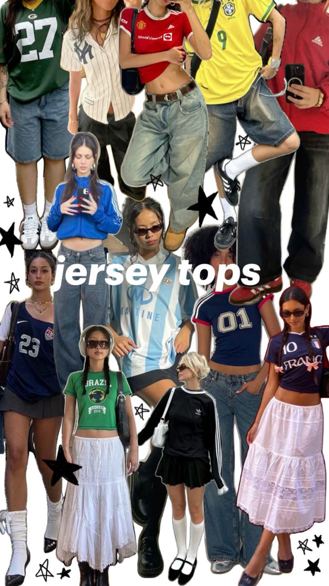 fit inspo for sporty girl looks ft. jersey tops Girly Sporty Aesthetic, Trendy Jersey Outfit, Fashion Inspo School, Celtics Jersey Outfit Women, Sport Vintage Outfit, Jersey Tee Outfit, Aesthetic Jersey Outfit, F1 Jersey Outfit, Striped Jersey Outfit