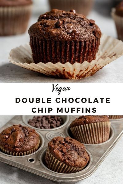 vegan double chocolate chip muffins in a muffin tin with the title overlay