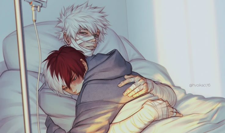 two anime characters are cuddling in the hospital bed, one has his arm wrapped around the other's head