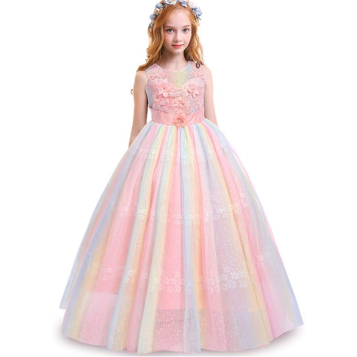 Elegant And Sweet Kids Girls Sleeveless Appliques Formal Party Fall Ball Gown Long Maxi Ruched Lace Summer Tutu Dress Flower Girl Dresses. Exquisite Unique Chic Design:Sleeveless Round Neck Satin Bodice, Mesh Spliced Design, Illusion Neckline, Front Embellished With 3d Flowers, Faux Rhinestones And Beads Decoration,Full-Length Multilayer Skirt, Second Tulle Layer Are Adorned With Floral Pattern, Makes This Dress,Zip-Back Fastening, The Satin Sashes Can Be Tied A Lovely Bowknot At Back. Long Dress For Kids, Floor Dance, Blush Sequin Dress, Rainbow Wedding Dress, Wedding Floor, Pink Toddler Dress, Fall Ball, Satin Flower Girl Dress, Dress For Kids