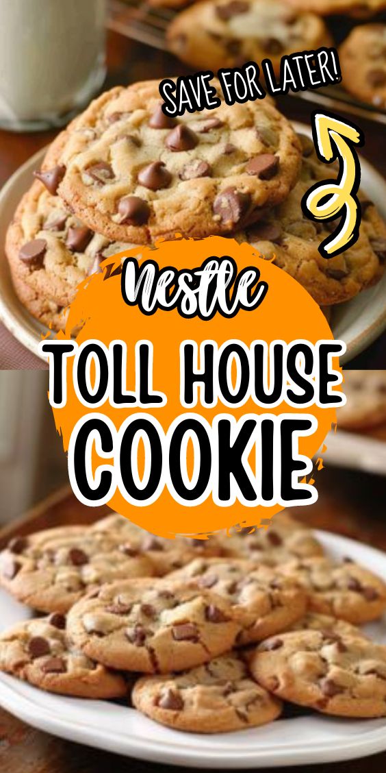 three different pictures with the words neste toll house cookie on them and two plates full of cookies