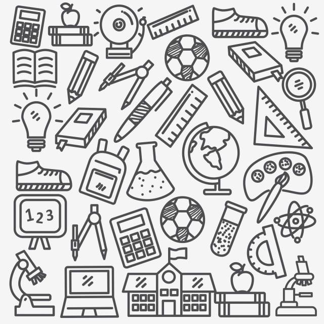 a black and white drawing of school supplies