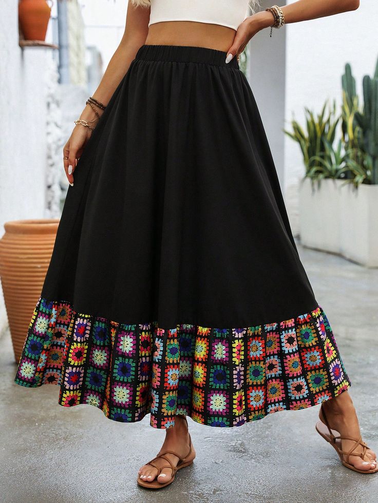 Contrast Floral Print Ruffle Hem Skirt For Summer Vacation Multicolor Boho   Woven Fabric Colorblock,Geometric,Tribal,Random Print Flared Non-Stretch  Women Clothing, size features are:Bust: ,Length: ,Sleeve Length: Crochet Flare Skirt, Long Blouse Designs, Ruffle Hem Skirt, Women Skirts, Long Maxi Skirts, Hem Skirt, Summer Skirts, Circle Skirt, Long Blouse