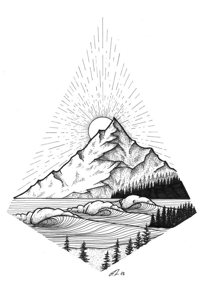 a drawing of mountains and trees with the sun shining over them on a piece of paper