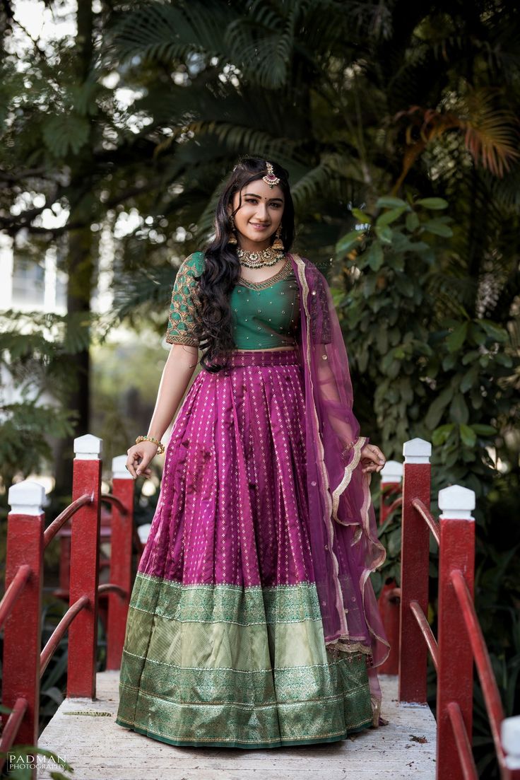 Green And Purple Half Saree, Mouna Ragam, Mughal Pattern, Pleated Lehenga, Blouse Designs High Neck, Diy Fashion Scarf, Scallop Border, Grape Color, Green Lehenga