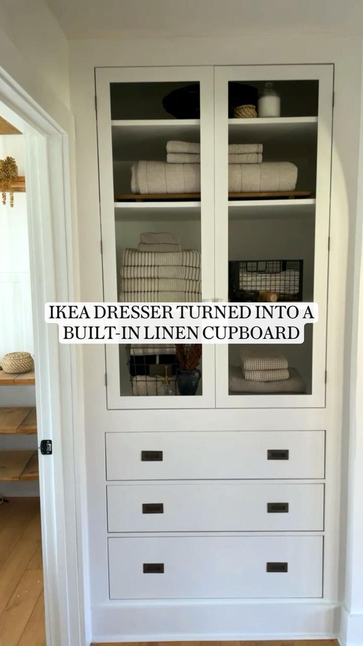 an ikea dresser turned into a built in linen cupboard