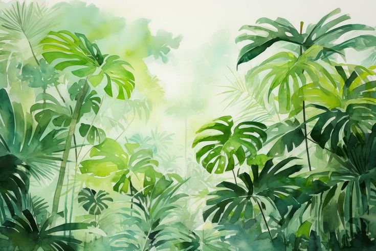 an abstract painting of tropical plants and trees in watercolor on paper with green tones