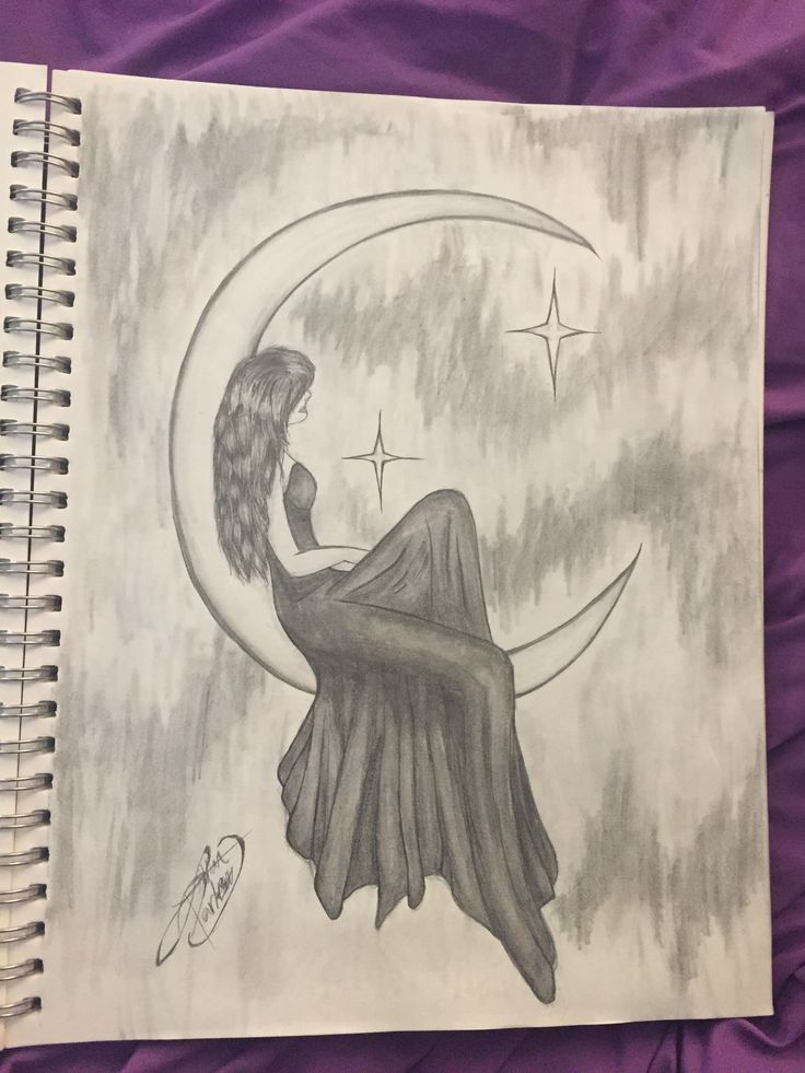 a drawing of a woman sitting on the moon