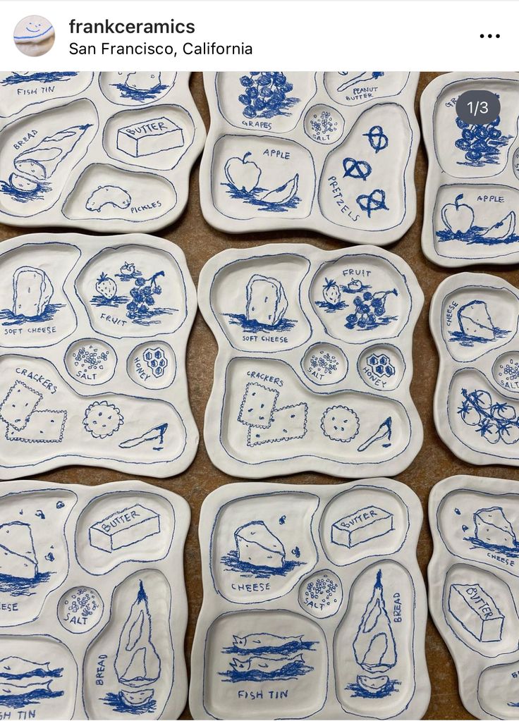 blue and white ceramic plates with images of food on them are featured in an instagram