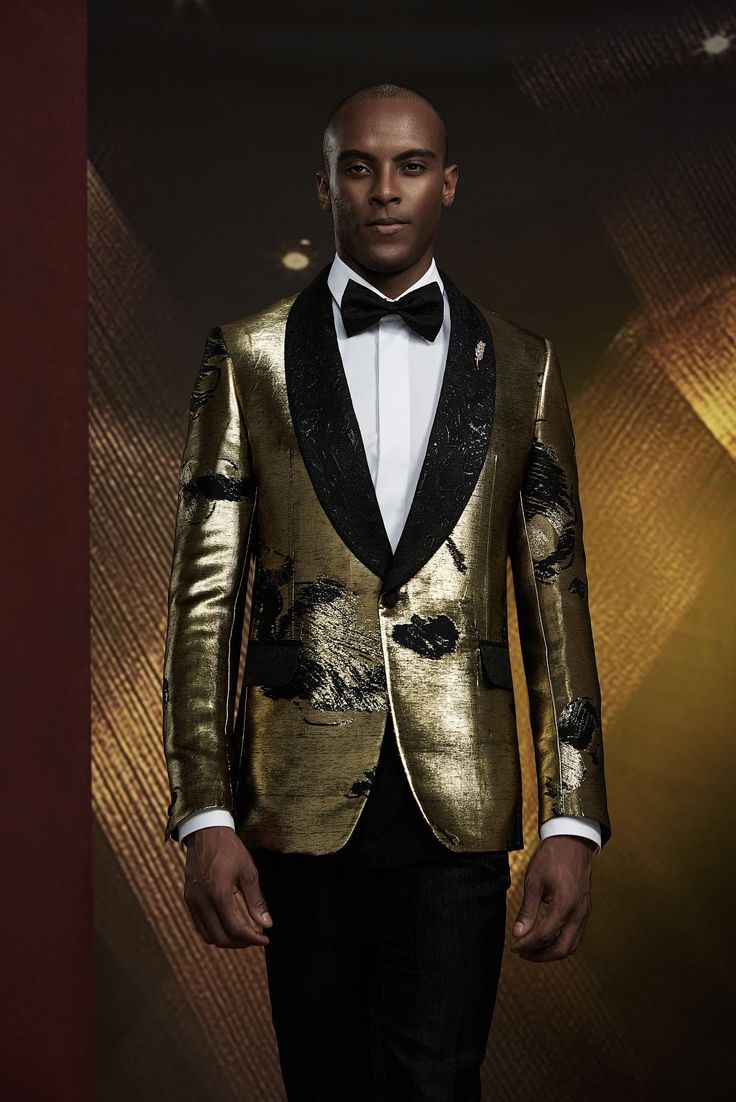 This luxury gold, sequined tuxedo for men or women is perfect for a wedding, gala, red carpet or any exclusive black tie event. A radiant piece to add to your tuxedo collection. FREE SHIPPING ON ORDERS OVER $199 COLOR Black/Gold COMPOSITION N/A YARN COUNT N/A WEIGHT 290g FABRIC STYLE Jacquard OCCASION Wedding/Gala Luxury Gold Tuxedo In Elegant Style, Gold Festive Elegant Tuxedo, Black Gold Tuxedo, Luxury Gold Tuxedo For Semi-formal Occasions, Luxury Gold Semi-formal Tuxedo, Black Tie Outfits, Tie Outfit, Five Guys, Cuffed Pants