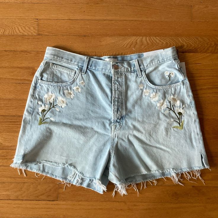 Flower Embroidery. Cutoff Shorts. New With Tags. Jean Shorts. High Waist Cotton Pants With Floral Embroidery, Casual Cotton Bottoms With Floral Embroidery, Casual Embroidered Shorts With Relaxed Fit, Casual Embroidered Relaxed Fit Shorts, Relaxed Fit Denim Bottoms With Floral Embroidery, Denim Bottoms With Floral Embroidery And Relaxed Fit, Casual High Waist Bottoms With Floral Embroidery, High Rise Floral Embroidered Bottoms For Spring, Casual High Waist Floral Embroidered Bottoms