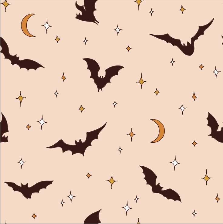 bats and stars on a pink background with brown, white, and orange colors in the sky