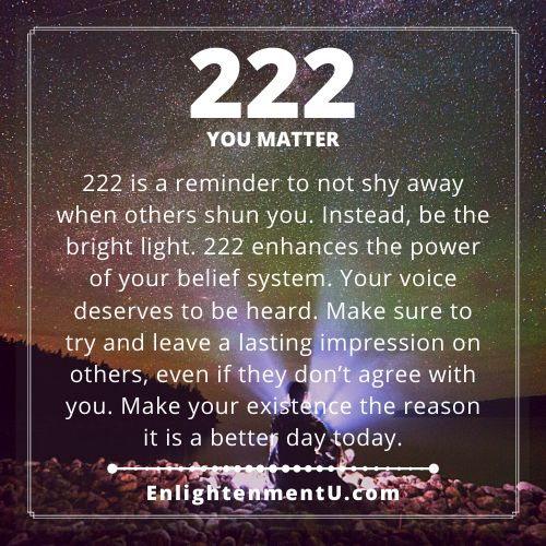 222 is a reminder to not shy away when others shun you. Instead, be the bright light. 222 enhances the power of your belief system. Your voice deserves to be heard. Make sure to try and leave a lasting impression on others, even if they don’t agree with you. Make your existence the reason it is a better day today.

Tags: 222 angel number love, 222 doreen virtue, 222 numerology, 222 spiritual meaning, 222 twin flame, meaning of seeing 222, seeing 222 meaning, what does 222 mean? What Does 222 Mean Angel Numbers, 2:22 Meaning Spiritual, 222 Love Meaning, 222 Angel Number Meaning Love, 2:22 Angel Number Meaning, 2 22 Meaning, 222 Meaning Spiritual, 2 22 Angel Number, 2:22 Angel Number