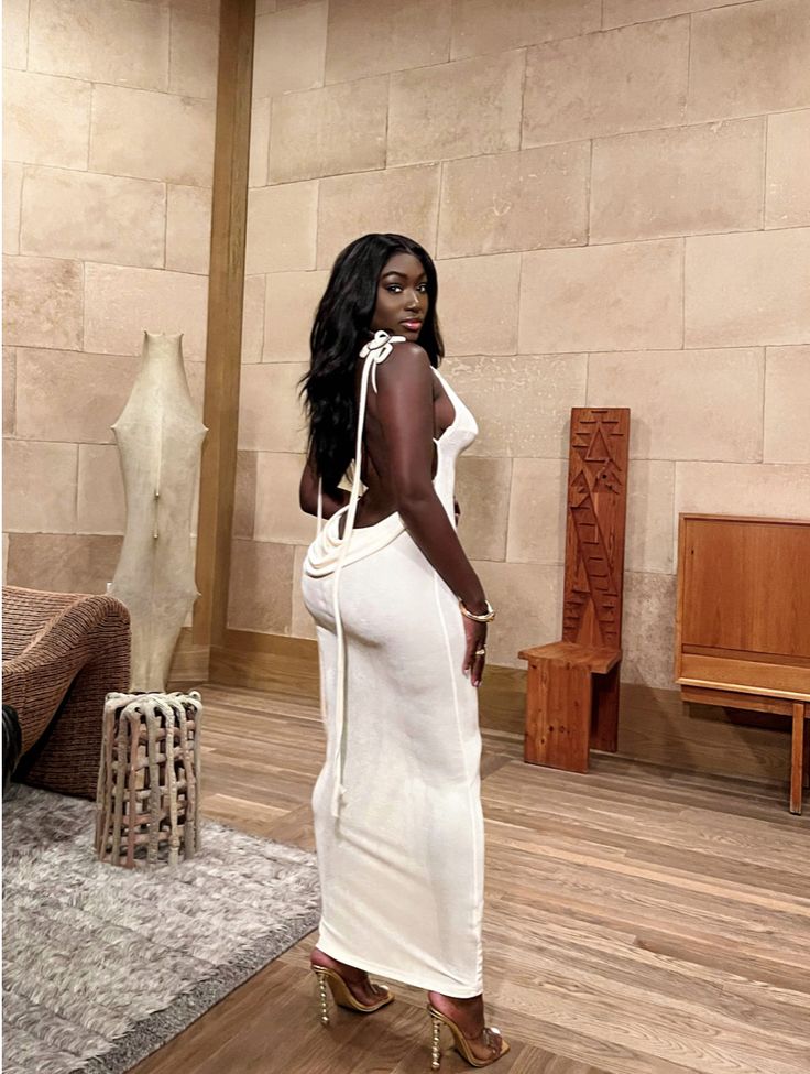 Backless Maxi Dress Perfect for date night,  birthday look or even a night out with the girls. Long Dress With Back Out, Dress With The Back Out, White Mesh Dress Outfit, Amazon Dresses Black Women, White Dress Open Back, Back Out Dress, Maxi Backless Dress, Open Back Black Dress, Vivian Dress